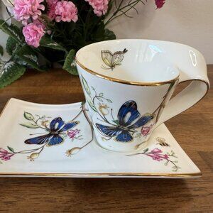 Adeline Butterfly Tea Cup Snack Plate Floral Blue Gold Trim England Design‎